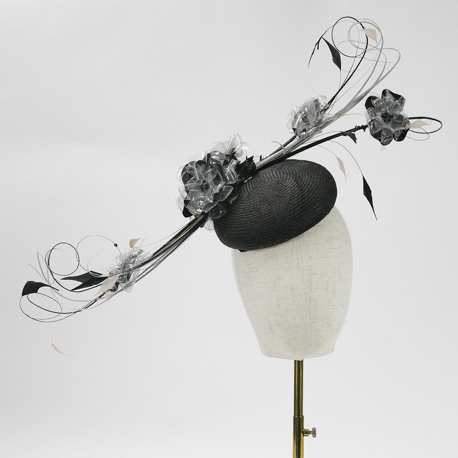 Black Straw Headpiece With Feather And Perspex Flower Trim Jenny