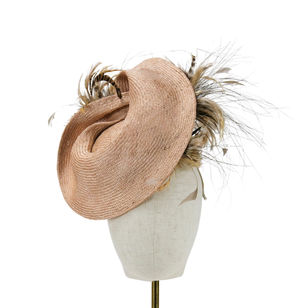 Mocha Straw Headpiece With Feather Trim Jenny Roberts Millinery