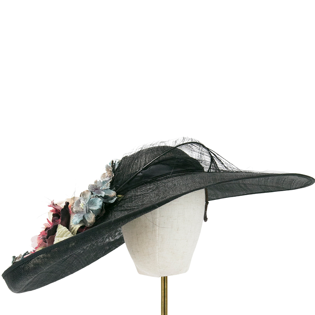 Black Low Dome Wide Brim Hat with Silk Flower Trim