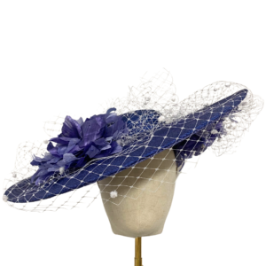 Navy blue silk abaca top fascinator on a navy base with quill a headband!